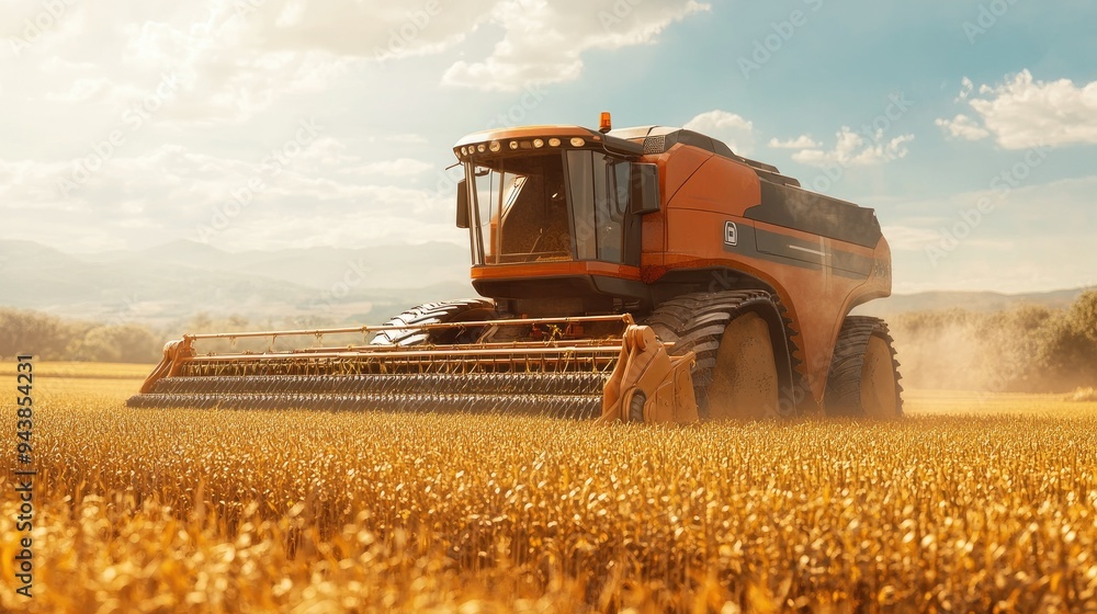 Poster a robotic harvester collecting crops in a field, with the machine working autonomously and efficient