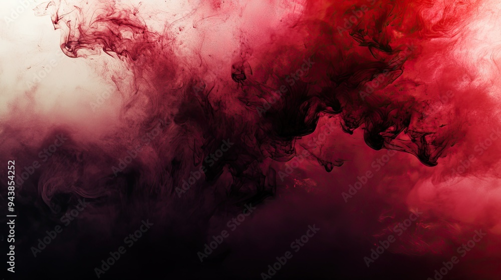 Poster an abstract background with swirling clouds of ink in water, featuring deep red and black tones for 