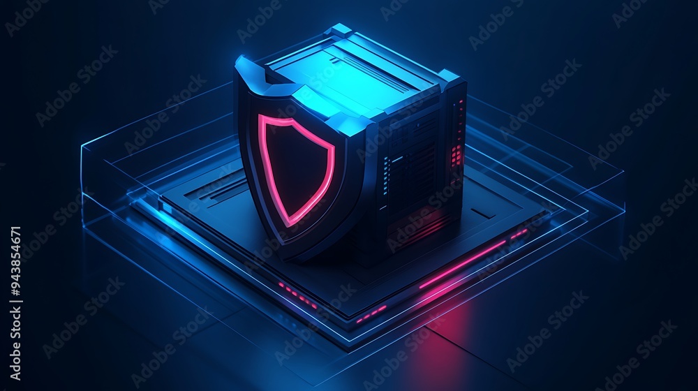 Poster futuristic digital security concept with glowing shield and data protection icon in a high-tech dark