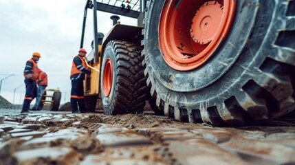 Maintenance crew inspecting the tires and hydraulics of a rough terrain forklift
