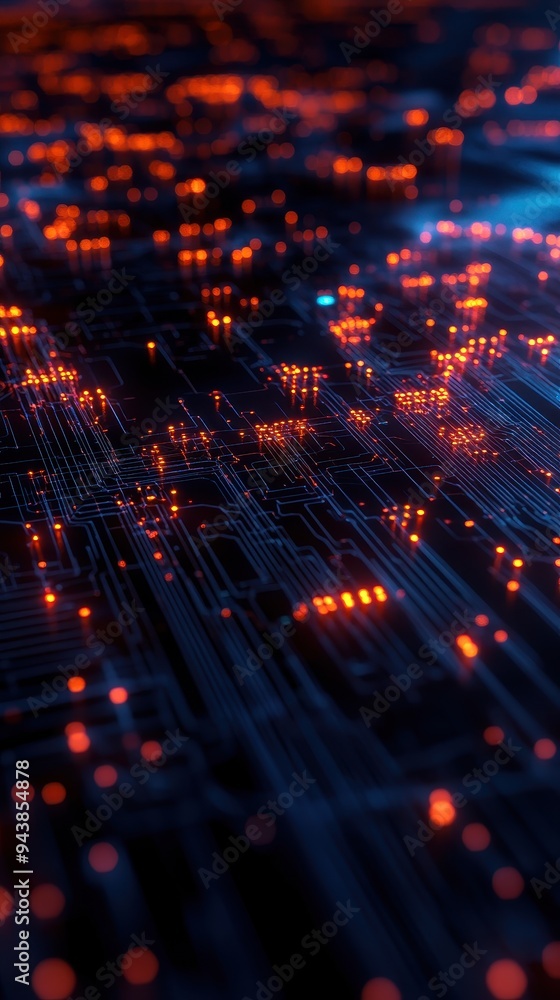 Poster abstract image of a futuristic motherboard with glowing orange circuits, showcasing advanced technol