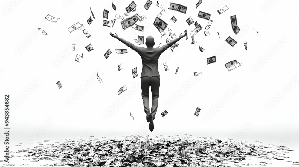 Poster 3d icon person throwing money in air concept as a person throwing money into the air with a plain ba