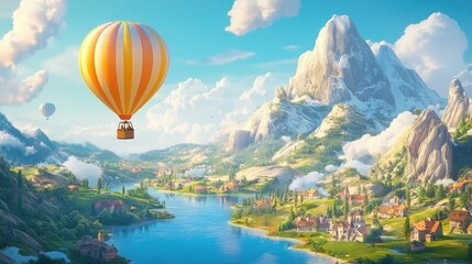 Fototapeta premium Hot air balloon drifting calmly over a picturesque landscape, with vibrant colors and a clear sky. The scene evokes a sense of tranquility and exploration.