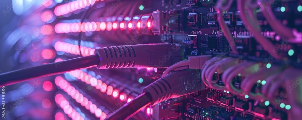 Poster close-up of network cables connected in server room with colorful led lights illustrating data trans