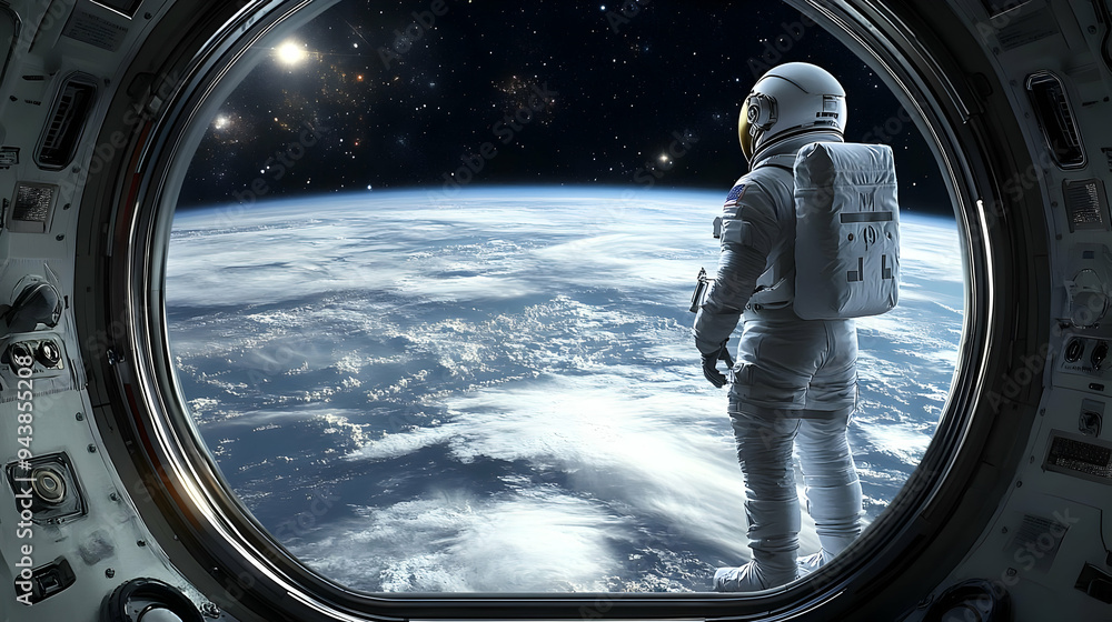 Poster astronaut looking out of spaceship window at earth with stars and clouds.