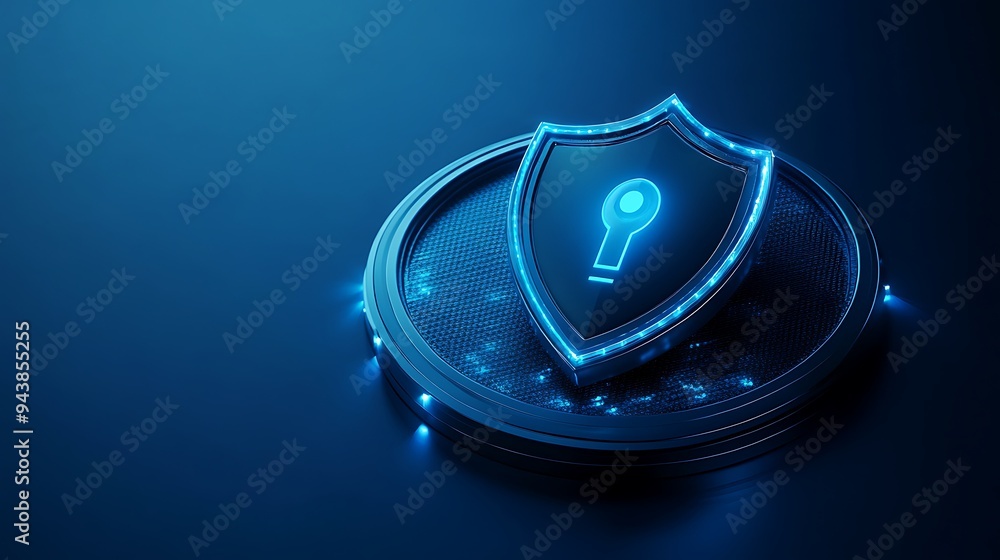 Poster futuristic digital security shield icon with keyhole on dark blue background symbolizing data protec
