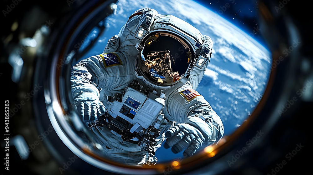 Poster astronaut looking out of spaceship window with earth in the background.