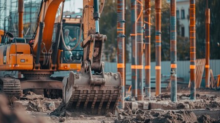 Fototapeta premium Pile driving machine driving piles into the ground at a construction site