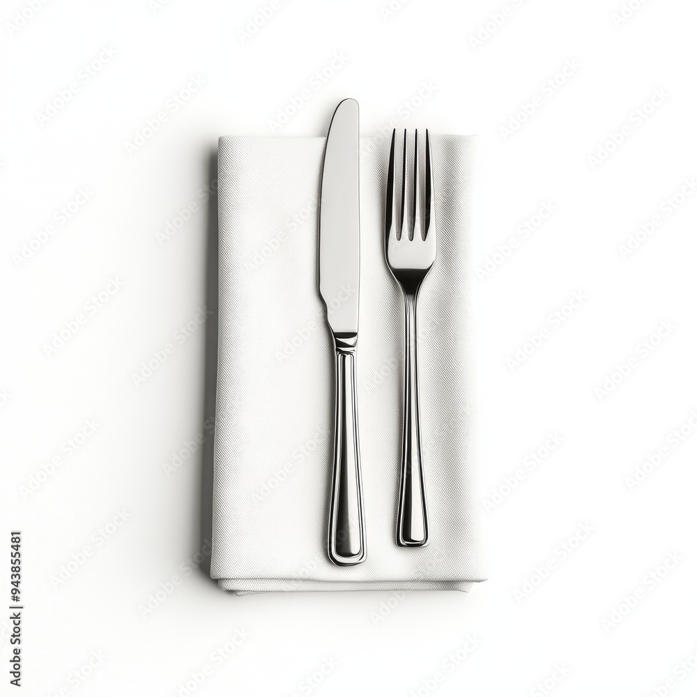 Poster a 3d simple style icon of a polished silver knife and fork resting on a folded napkin isolated on a 