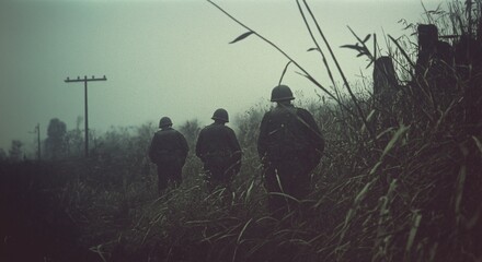 World war two Three soldiers walking away through tall grass during vietnam war