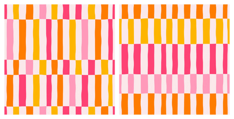 Set of abstract seamless patterns of vertical multicolored stripes in a row, distorted checkerboard pattern, hand drawn illustration, flat style