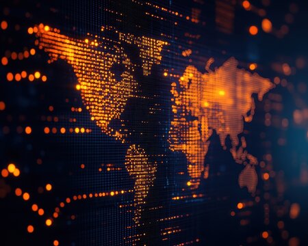 Abstract digital world map with glowing dots and lines, representing global technology, data, and network connections.