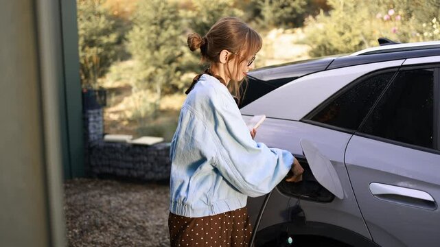 A young woman uses her smartphone while her electric car charges at a home charging station. The scene highlights the integration of technology and sustainable living