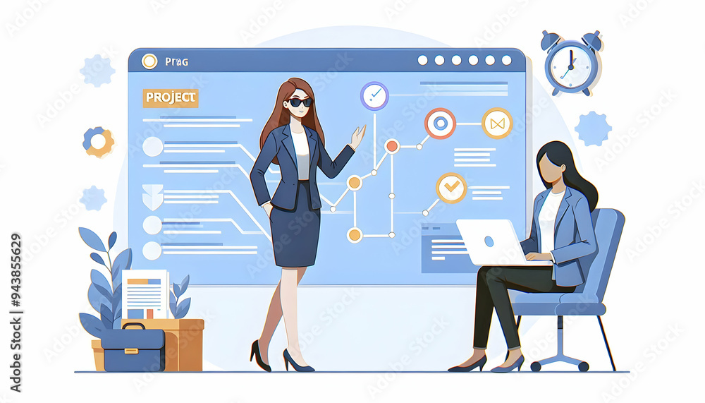 Aufkleber flat project manager candidly presenting a timeline to a client concept as a candid shot of a projec