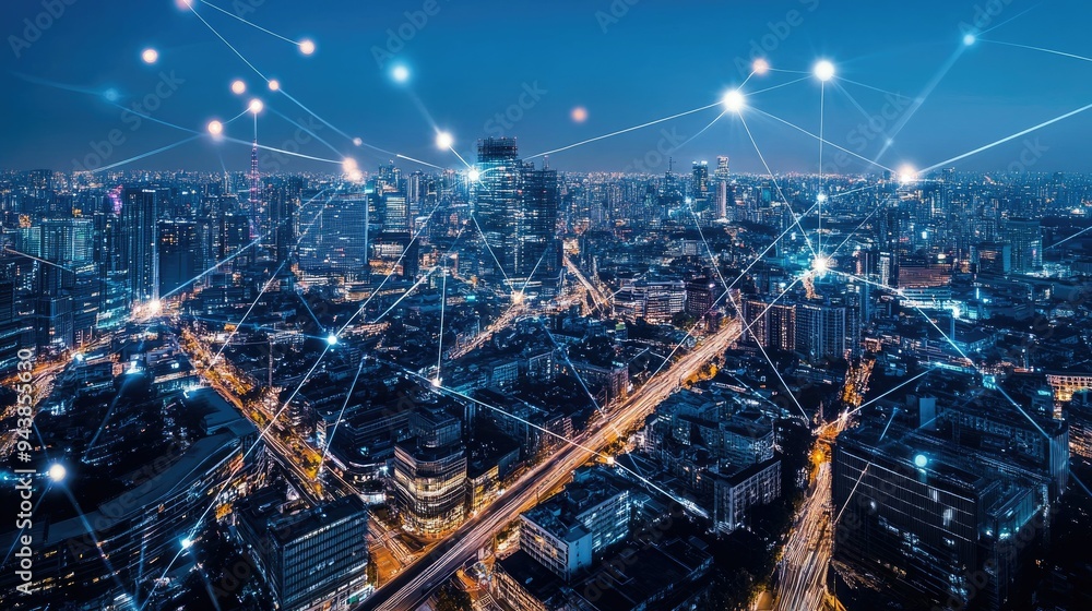 Poster a smart cityscape with connected buildings and infrastructure, with data streams representing commun