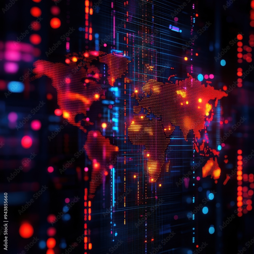 Poster abstract digital world map with colorful data lights and circuits representing global connectivity a