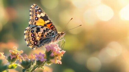 Obraz premium Macro shot of a butterfly delicately perched on a flower in a summer garden, wings spread wide against a blurred background.