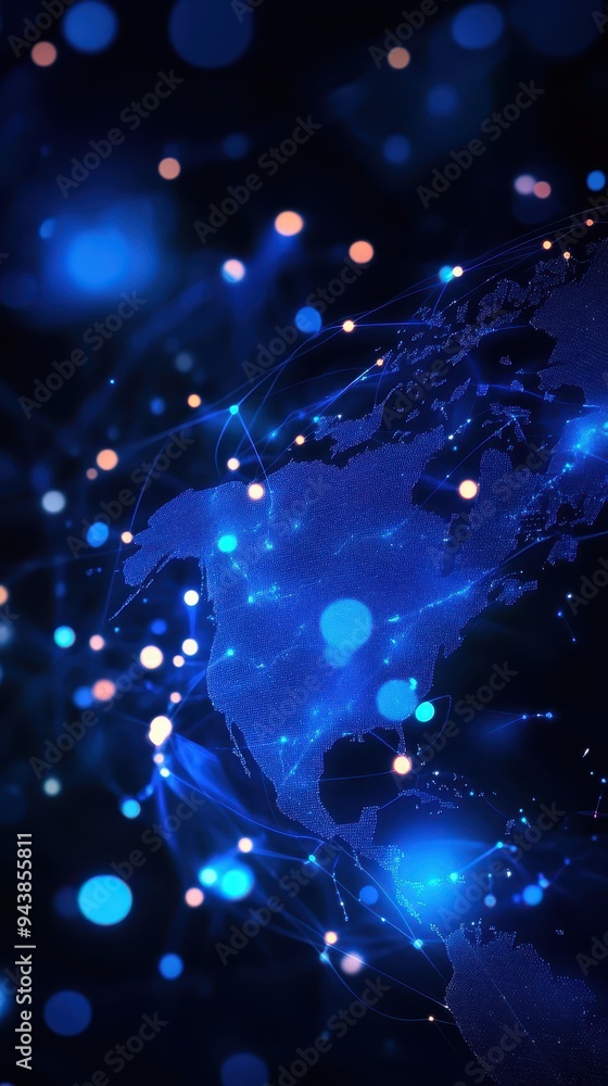 Poster abstract digital world map background with glowing blue dots and lines, representing global network,