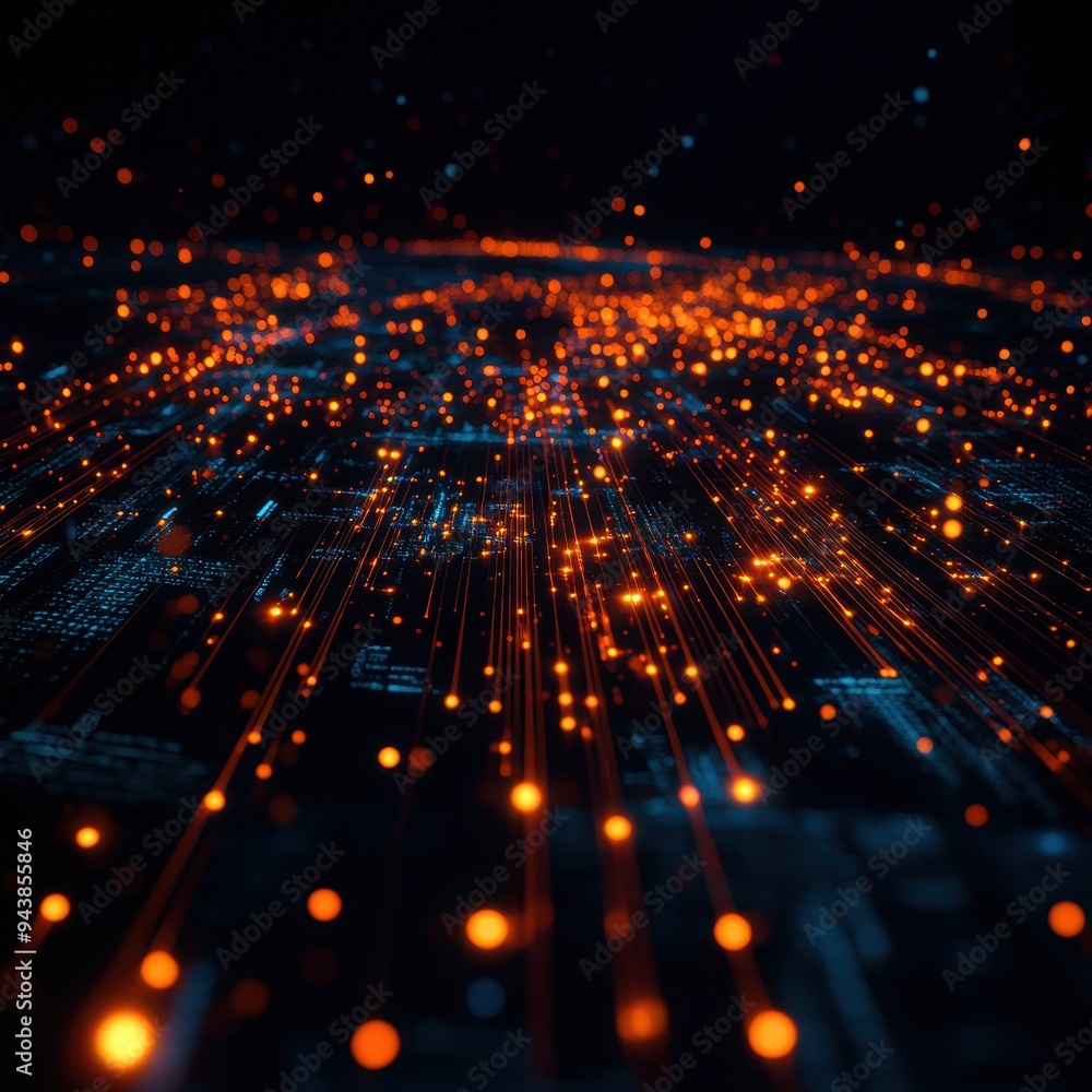 Poster abstract digital data visualization with glowing orange and blue particles on a dark background, rep