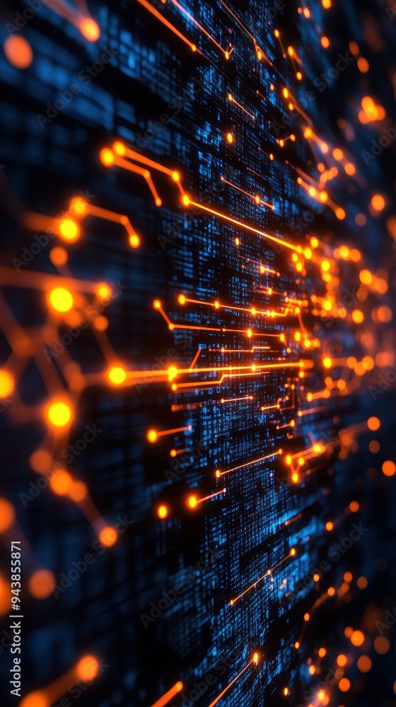 Poster abstract digital network with glowing connections on a dark background, symbolizing data transfer, c