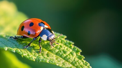 Macro view of a ladybug resting on a leaf, its bright colors contrasted by a gently defocused background.