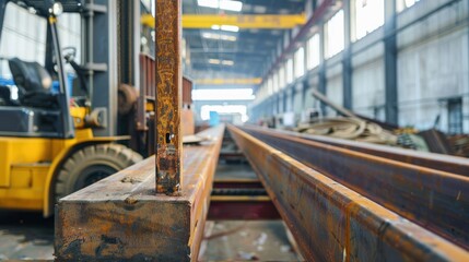 Side loader forklift lifting a long metal beam in a manufacturing plant