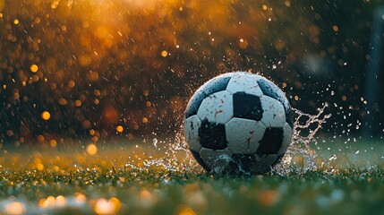 Fototapeta premium A soccer ball bouncing on a wet field, with water splashing up around it after a rainy match