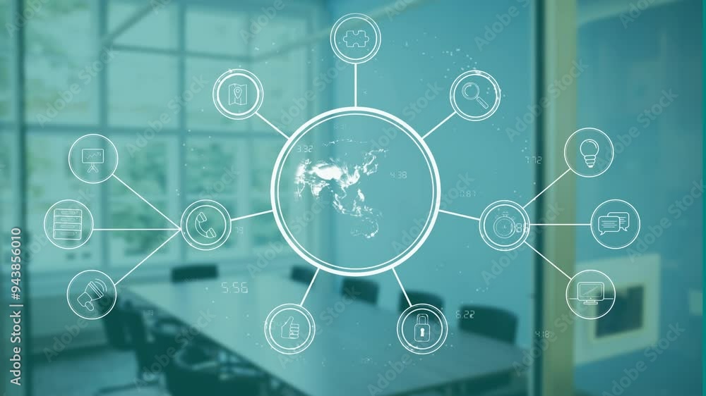 Poster business icons and data processing animation over empty conference room