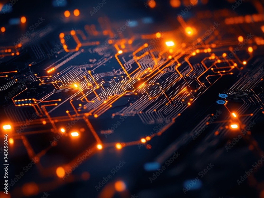 Aufkleber abstract close-up of glowing circuit board with orange and blue lights, showcasing futuristic techno