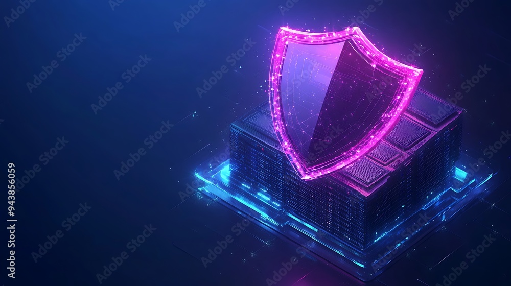 Poster futuristic digital shield protecting a server, symbolizing cybersecurity and data protection in a hi