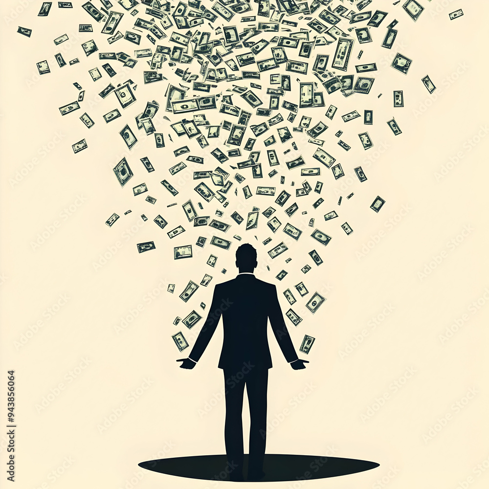 Poster person with money stream concept as a person with a stream of money flowing from their hands with a 