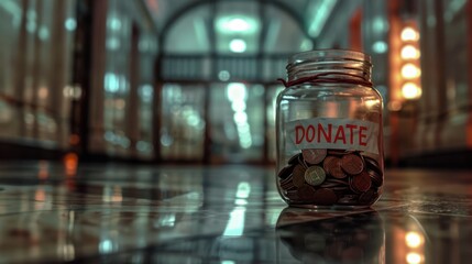 The donation jar with coins.
