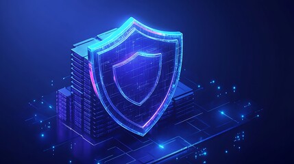 Fototapeta premium Futuristic digital shield protecting data servers, representing cybersecurity and data protection on a neon blue background.