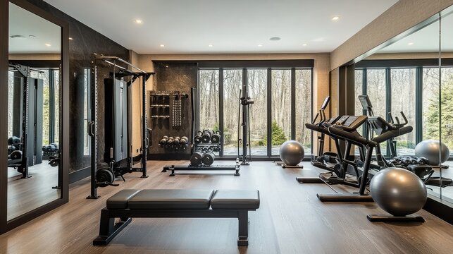 Contemporary home gym with workout equipment, mirrors, and motivational decor, functional and inspiring space - Powered by Adobe