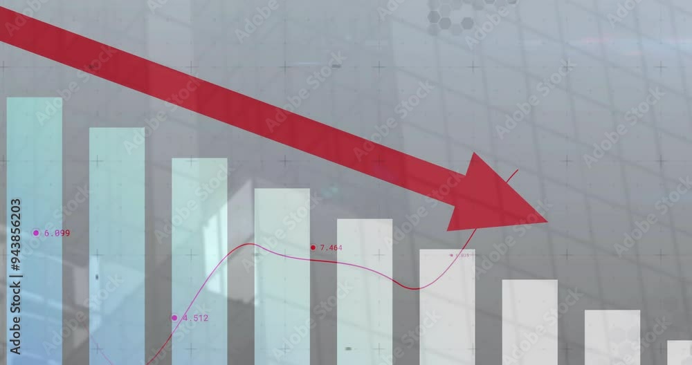 Aufkleber red downward arrow and bar graph showing financial decline over abstract background