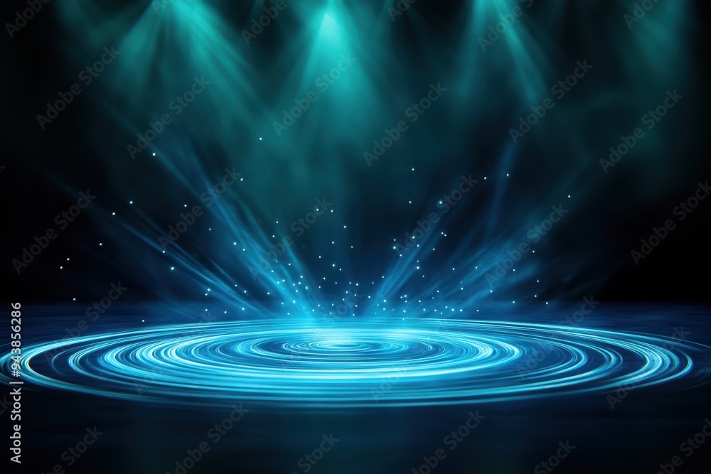 Poster Abstract blue light circles and particles on a dark background, creating a mystical and enchanting atmosphere.