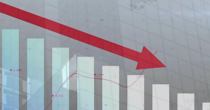 Red downward arrow and bar graph showing financial decline over abstract background