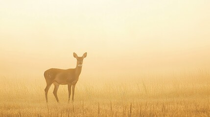 Naklejka premium A solitary deer standing in a misty meadow at dawn, with no other creatures visible in the soft morning light, embodying the peace and solitude of the wild.