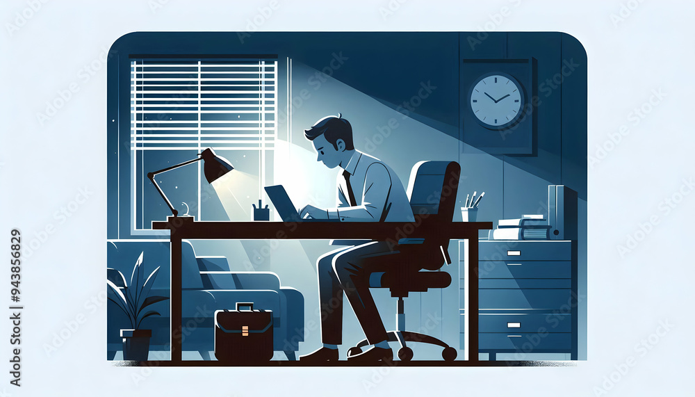 Aufkleber flat employee working late in a dimly lit office focused on tasks concept as a candid shot of an emp