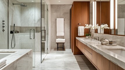 Elegant bathroom with marble countertops, walk-in shower, and double vanity, luxurious and serene