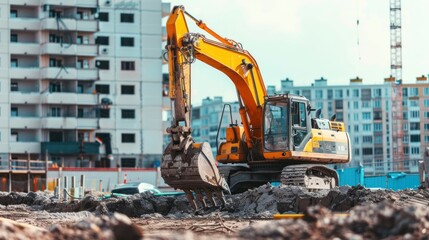 Side view of an excavator operating near a building foundation