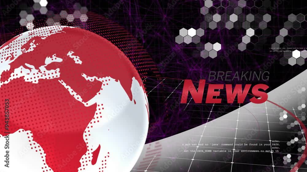 Poster breaking news animation over digital globe and hexagonal network background
