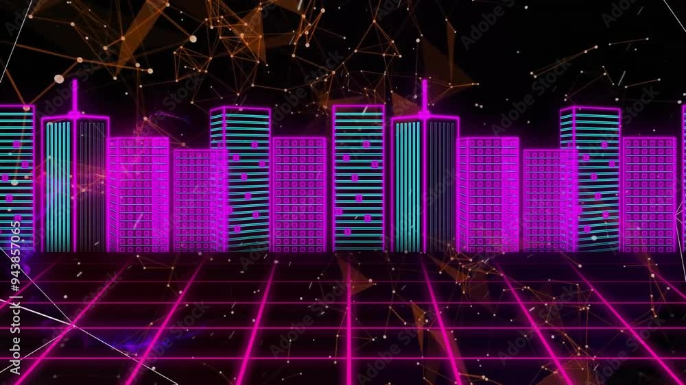 Poster neon cityscape with grid and network connections animation over dark background