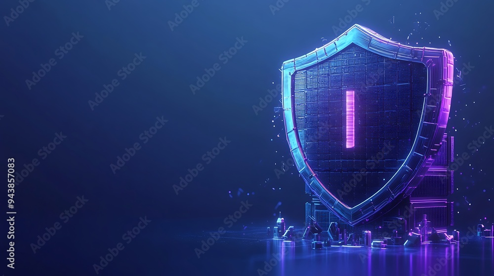 Poster futuristic digital shield with neon colors symbolizing cybersecurity and data protection on a dark b