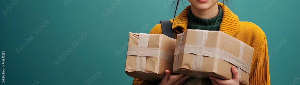 Poster person with packages and timely delivery service concept as a person handling packages symbolizing t