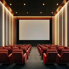 Fototapeta premium Modern Cinema Interior - Hall with a Large Screen and Soft Red Chairs