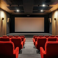 Obraz premium Modern Cinema Interior - Hall with a Large Screen and Soft Red Chairs