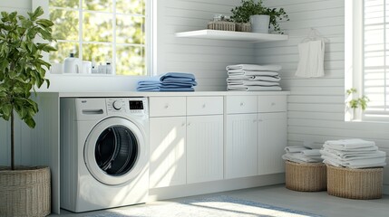 Functional laundry room with washer, dryer, and storage cabinets, bright and clean, organized space