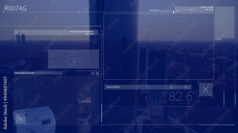 Poster digital analysis performance and signal monitor animation over cityscape at dusk