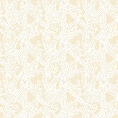 Modern white on cream lace effect wedding background texture. Soft tonal linen openwork block print with subtle hand drawn lattice damask printed fabric backdrop. 
